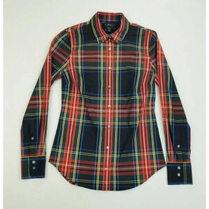 J. Crew Slim Size 0 Women's Black Green Yellow Blue Gray Plaid Long Sleeve Shirt